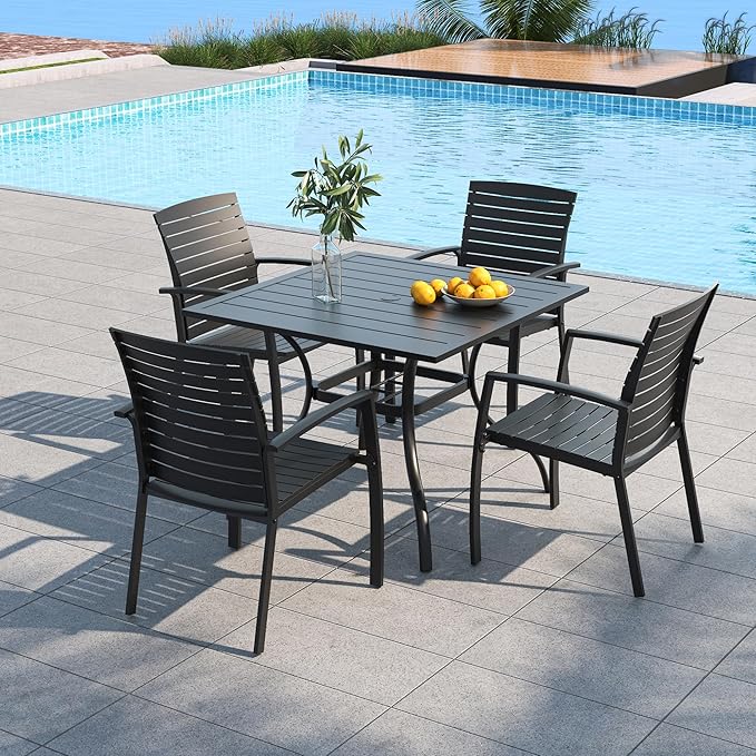 5 Piece Patio 35" Square Table and Aluminum Chairs Dining Set for 4 Person | Aluminum Frame Chairs, Resin Chair Seat, Resin Chair Back, 4 Piece Stackable Chairs, 1 Piece Black Metal Table, 4 Person Set