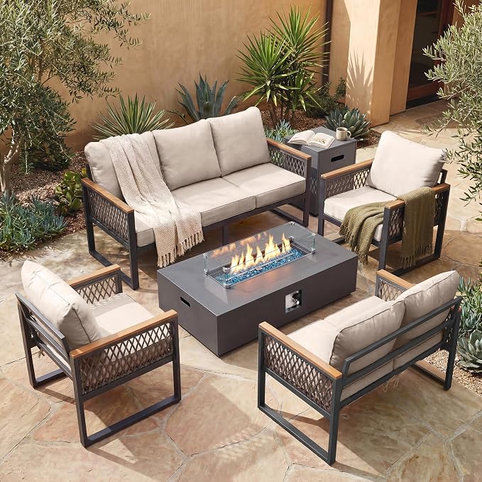 UPHA 7 Pieces Patio Furniture Set with 56" Propane Gas Fire Pit Table, Metal Outdoor Sectional Couch Set with Loveseat & 3-Seat Sofa, Modern Patio Conversation Set for Porch Balcony Deck, Beige