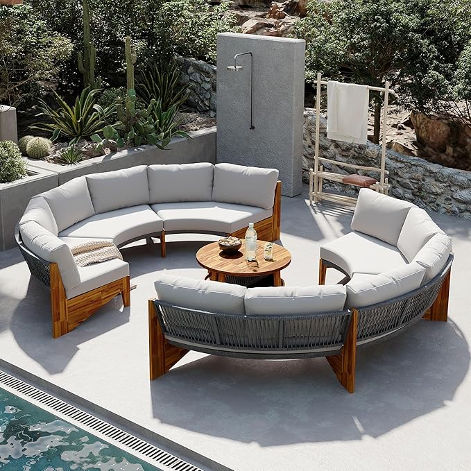 3-Piece Outdoor Patio Furniture Sectional Sofa Set, 2 Semi-Circle Sofas with Coffee Table, All-Weather Acacia Wood Conversation Set with Cushions for Garden Backyard Balcony, Freely Combined