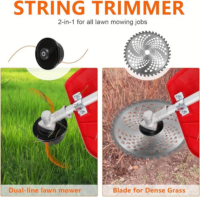 5 in 1 Gas Weed Eater - 52cc 2-Stroke Multi-Functional Hedge Trimmer Pruners Gas Powered Brush Cutter, Pole Saw Chainsaw, Handheld Weed Wacker for Garden and Yard Lawn Orange