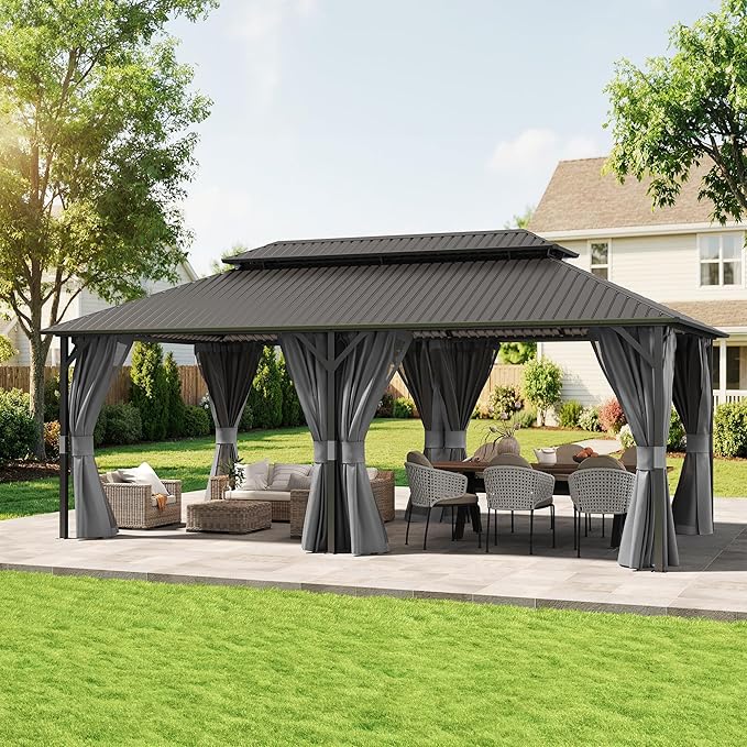 UDPATIO 12'x16' Permanent Hardtop Gazebo with Galvanized Steel Double Roof for Patio Backyard Garden, Curtains and Netting Included, Grey