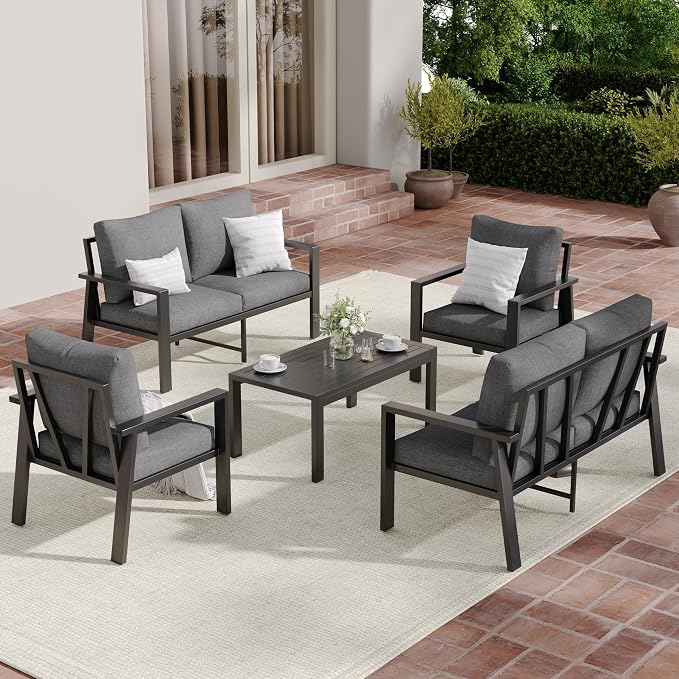 5 Pieces Aluminum Outdoor Patio Furniture Set 6-Seat Deck Furniture Patio Conversation Sets All-Weather Rust-Proof Sectional Sofa Set with Removable Cushion for Balcony, Yard, Poolside