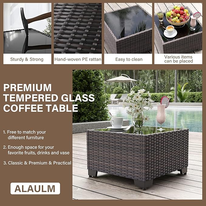 ALAULM 7 Pieces Patio Furniture Set with Fire Pit Table 55000BTU, Oversized Seat/Armrest and High Back Wicker Conversation Set with Thick Cushion for Backyard, Garden, Sand