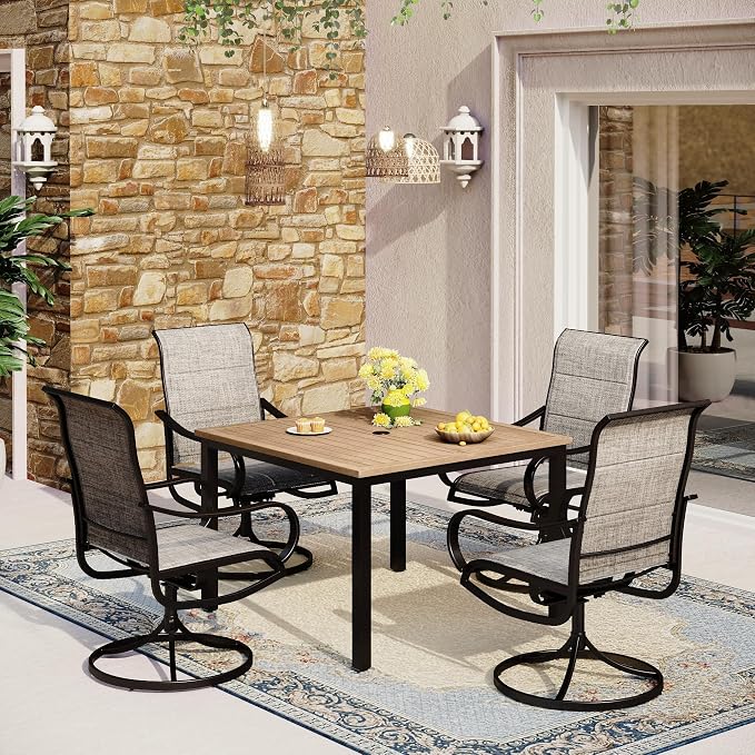 MFSTUDIO Patio Table and Chairs Set of 4, Outdoor Dining Set with Square Table and Swivel Chairs, 5 Piece Patio Dining Set for Deck Backyard Poolside
