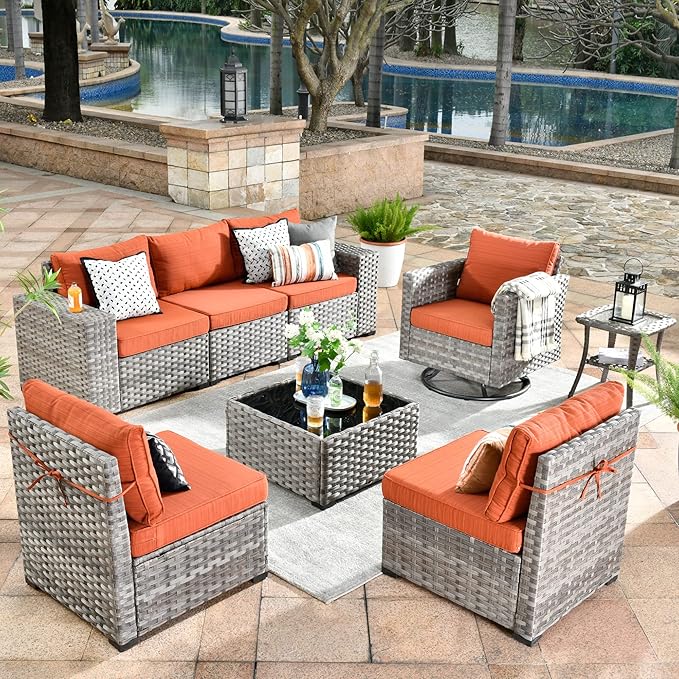 HOOOWOOO Outdoor Patio Sectional Furniture Sofa Set with Swivel Rocking Chair,8 Piece Modern Wicker Couch with Widened Armrest,Modular Conversation Seating Set for Garden(Orange Red)