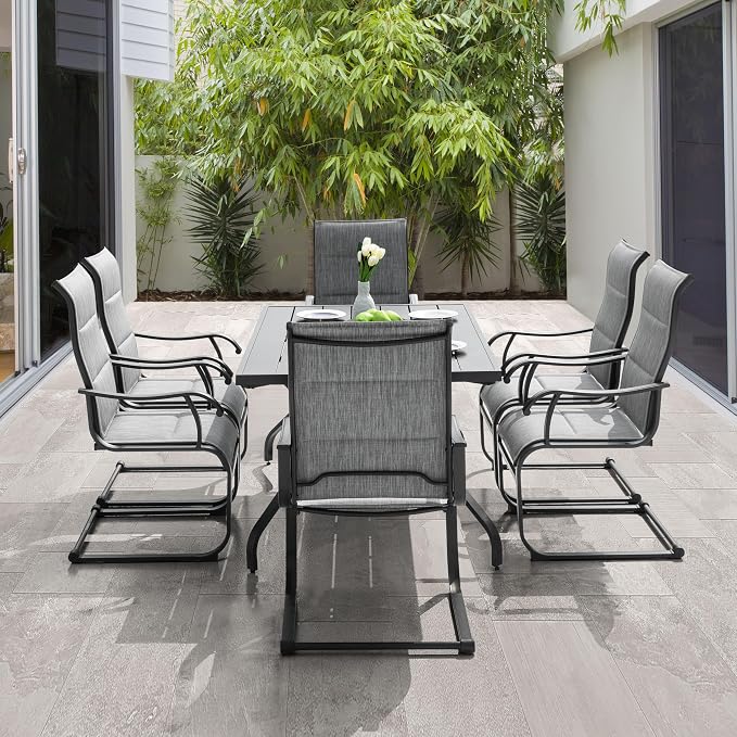 NUU GARDEN 7-Piece Outdoor Dining Set, 61" Rectangular Table with Umbrella Hole & 6 All-Weather Textilene Padded Chairs, for Patio Garden, Light Grey and Black