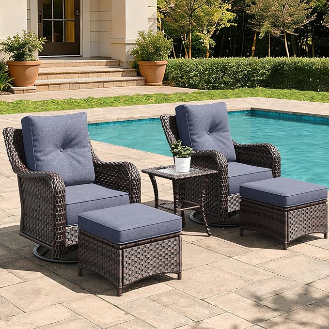 5 Pieces Outdoor Furniture Set with 6-inch Cushions, High Back Wicker Swivel Rocker Chairs with Coffee Table, Luxury Conversation Set for Deck Patio and Poolside