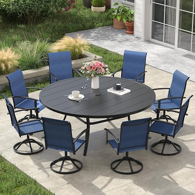 VICLLAX Outdoor Table and Chairs Set for 8, Patio Dining Set of 60 Metal Round Patio Table with Umbrella Hole & 8 Swivel Outdoor Dining Chairs for Backyard Lawn, Dark Blue & Black
