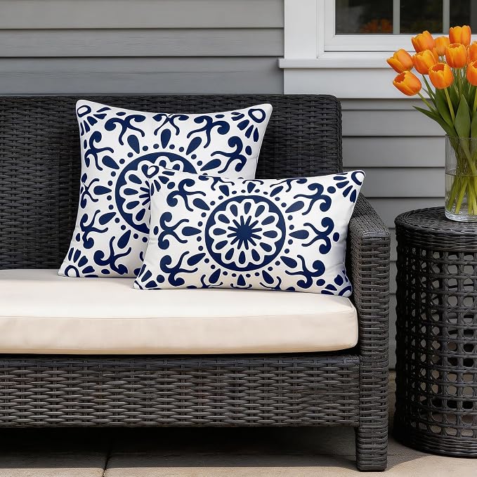 Set of 2 Navy Blue Outdoor Waterproof Pillow Covers 18x18 Inch | Morocco Tile Floral Decorative Throw Pillow Cover, Abstract Boho Outdoor Cushion Cases for Patio Funiture Garden Couch Bench