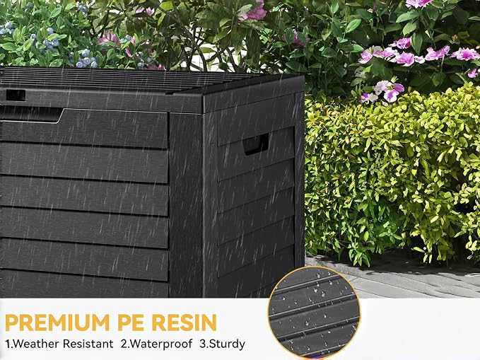 35 Gallon Louvered Outdoor Deck Box, Waterproof Resin Storage Box with Lockable Lid for Patio, Garden, Poolside Toys and Package Delivery