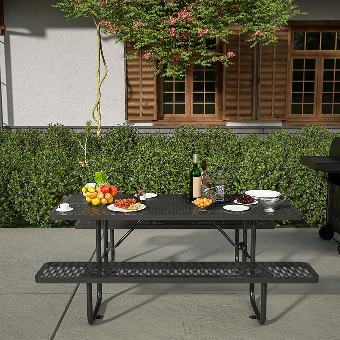 72 Inch Rectangular Metal Picnic Table with 1.73" Umbrella Hole, Heavy-Duty Steel Mesh Table Set, Weather Resistant Sturdy Outdoor Furniture, for Patio, Garden, Courtyard & BBQ, Black
