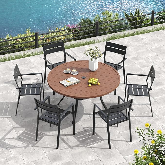 VICLLAX 53" Round Patio Table, Outdoor Dining Table for 8 with Umbrella Hole for Garden Lawn Deck Backyard, Walnut