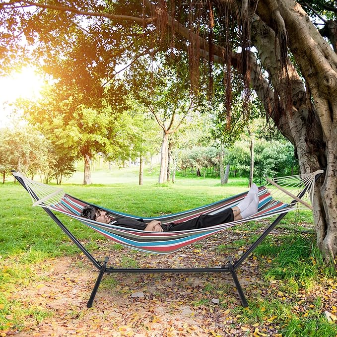 Tangkula Hammock with Stand, 10.5Ft Space Saving Steel Hammock Stand with Cotton Hammock & Carrying Bag, Indoor Outdoor Hammock Combo for Backyard, Patio, Porch
