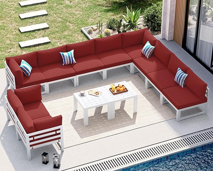 NICESOUL 12 Pcs Large Modern Aluminum Patio Furniture Set, L Shaped All Weather Modular Sectional Sofa with Coffee Table, 500 lbs Heavy Duty Comfortable Outdoor Couch for Poolside Backyard, Burgundy