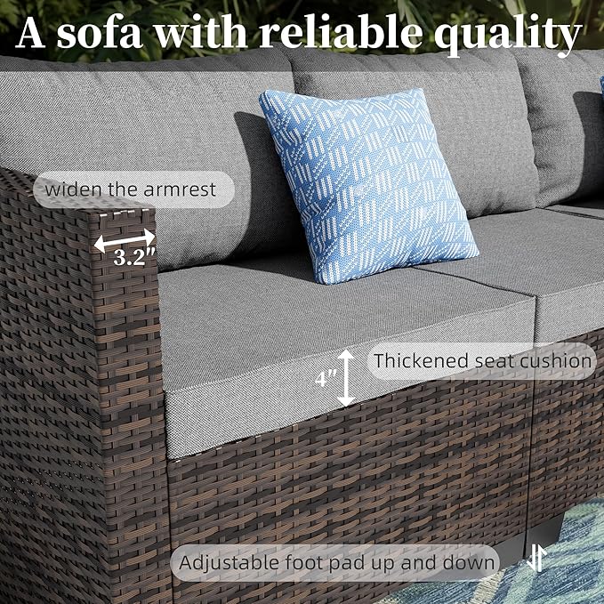 7 Pieces Patio Furniture Set - Outdoor Sectional Wicker Rattan Furniture with Cushion and Glass Table Patio Conversation Sets for Porch Poolside Backyard Outdoor Sofa Set Modular Sofa