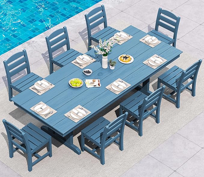 SERWALL 9 Piece Outdoor Dining Set, 84" HDPE Outdoor Table and Armless Chairs Set for 8，All Weather Patio Furniture Set with Umbrella Hole for Backyard, Garden, Blue