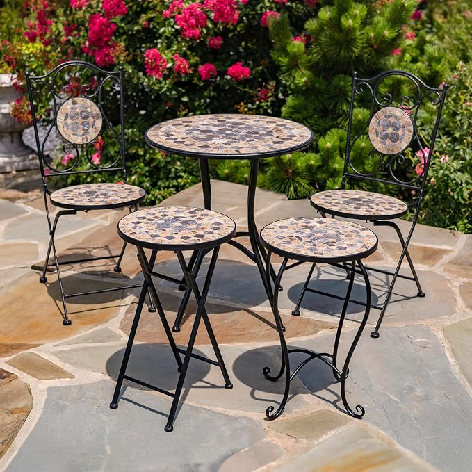Zaer Ltd. Mosaic Tile Furniture with Black Metal Frame and Patterned Tile Tops (Medora - Black/Stone/Gray, Bistro Set (2 Chairs, 1 Table))