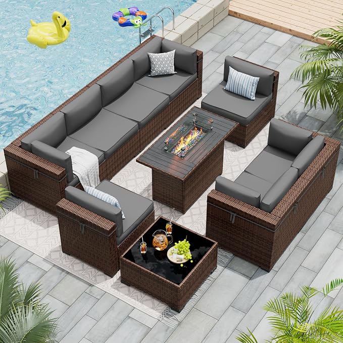 Patio Furniture Set with 44'' Propane Gas Firepit Table, 10 PCS Modular Outdoor Sectional Conversation Sets, All-Weather Wicker Patio Set for Backyard, Grey (Waterproof Covers Included)