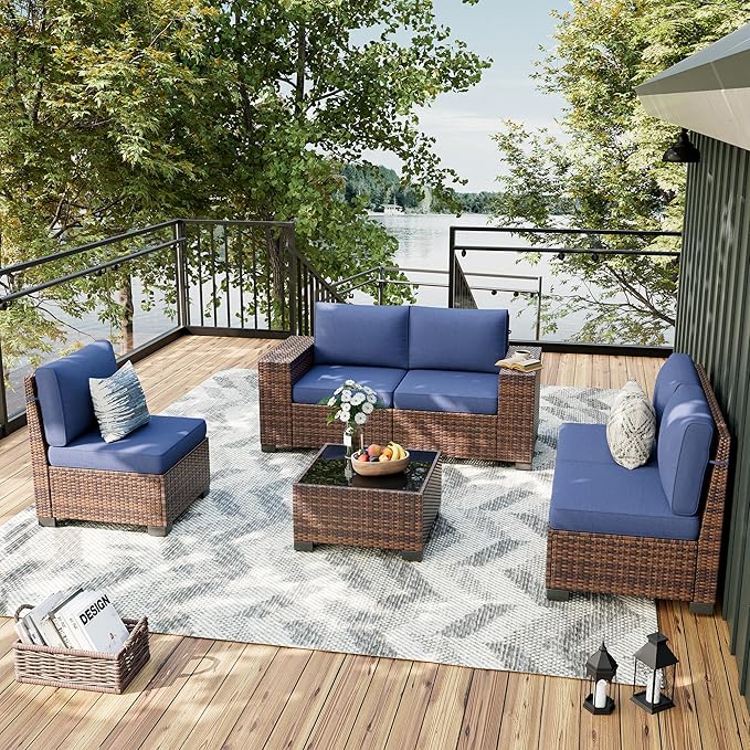 UDPATIO Patio Furniture Set, 8 Inch Armrest Outdoor Sectional Sofa, 6 Piece Wicker Outdoor Furniture Conversation Sets with Waterproof Cover and Coffee Table for Backyard Deck(Brown/Navy Blue)