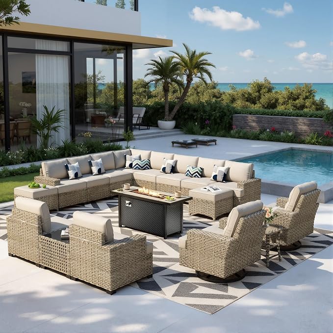 HOOOWOOO Sectional Patio Furniture Set with Fire Pit Table,17 Pieces Wicker Outdoor Furniture L Shaped Couch,Outside Conversation Set Extra Deep Sofa Wide Arm Swivel Chairs Ottoman Solar Light,Gray
