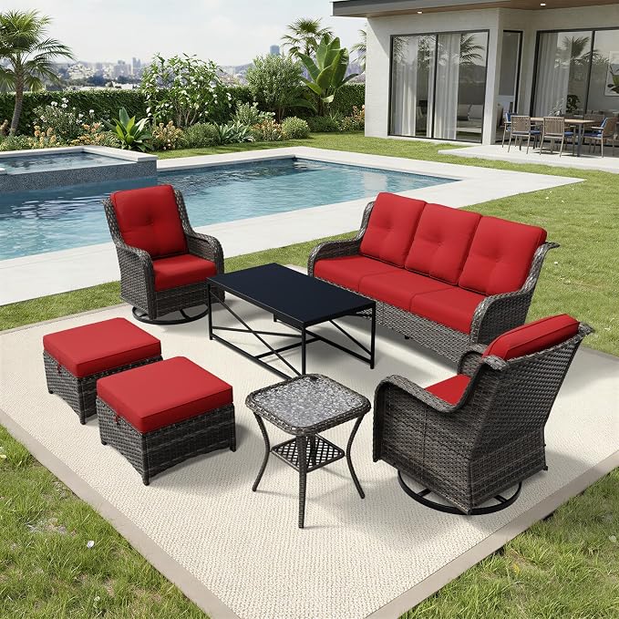 Joyside 7 Piece Wicker Patio Furniture Set, Outdoor Swivel Rocker Patio Chairs with High Back, Deep Seating, Wide Armrest, Thickened Cushions, Outdoor Furniture for Deck, Porch Use