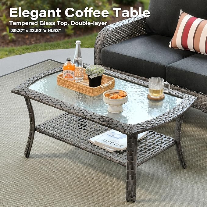 7 Pieces Patio Conversation Sets,Patio Furniture Set with Swivel Rocking Chairs,Coffee Table, Side Table, All Weather Rattan Wicker Outdoor Sectional Furniture Set for Porch Balcony Backyard Black