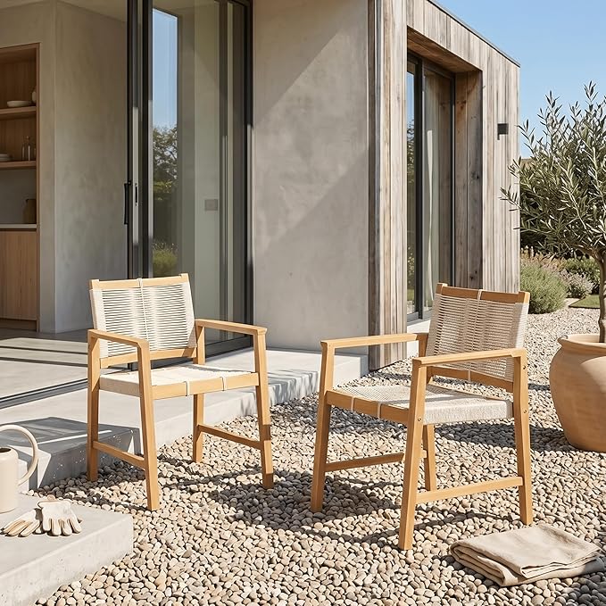 NTC Luno Set of 2 Solid Wood Lounge Armchairs with Handwoven Rope Seat & Back, Indoor & Outdoor Wooden Chairs for Patio Dining Sets, Modern Patio Lounge Chairs, Easy Assembly, Natural