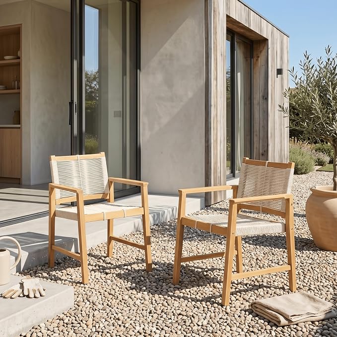 NTC Luno 8 Pieces Solid Wood Lounge Armchairs with Handwoven Rope Seat & Back, Indoor & Outdoor Wooden Chairs for Patio Dining Sets, Modern Patio Lounge Chairs, Easy Assembly, Natural