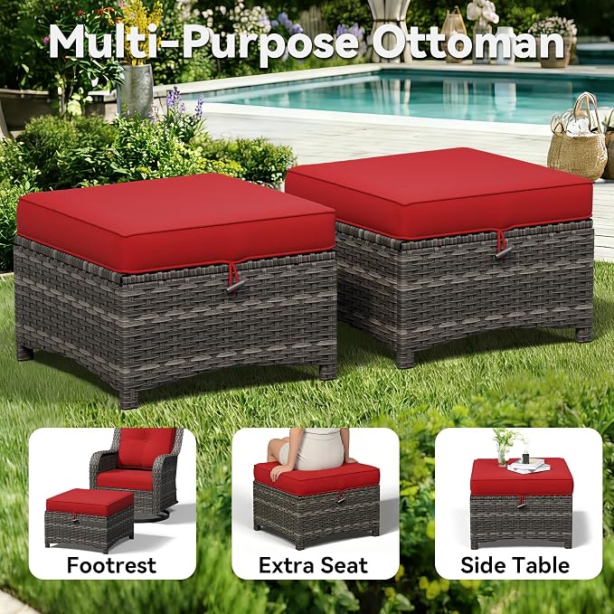 4 Piece Outdoor Wicker Patio Furniture Set, Outdoor Swivel Rocker Patio Chairs Set with Thickened Olefin Cushions, High Back and Deep Seating, Hand-Woven PE Rattan, Ottoman for Porch, Deck