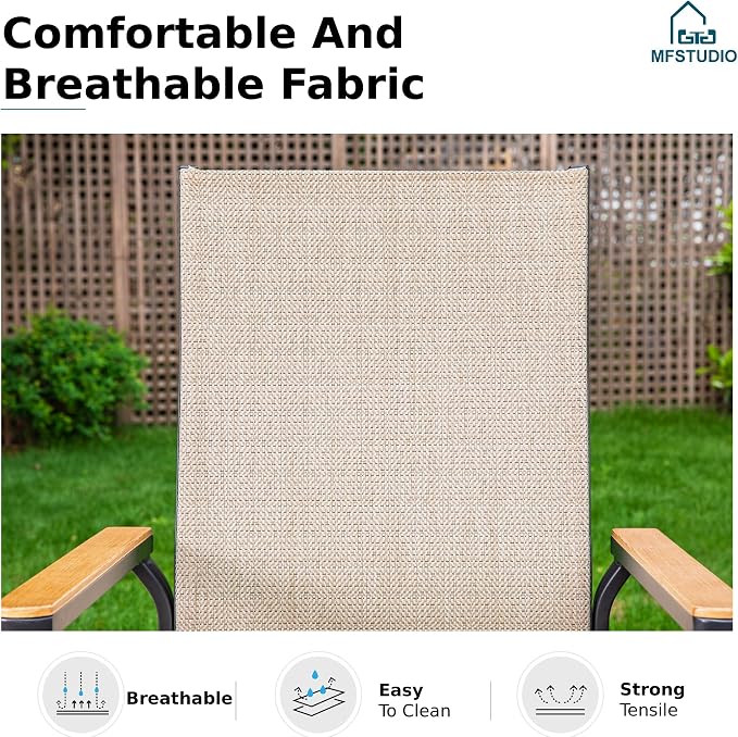 MFSTUDIO 5 PCS Outdoor Dining Set, Round Table & Aluminum Chairs, Beige | Stackbale textilene chairs, Light-weight & space-saving, Square Table, Umbrella Hole, Patio deck, 4 person