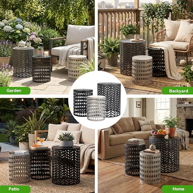 EVLIQUIL Outdoor Side Table Set of 3 | Decorative Metal End Table Stools, Stackable Patio Coffee Tables for Balcony, Garden, Indoor Living Room