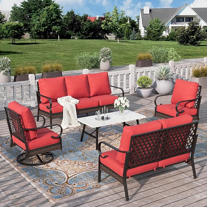 HERA'S HOUSE 5 Piece Metal Patio Furniture Set, 7 Seats All Weather Outdoor Conversation Set, 3 Seat Sofa with Loveseat, 2 Swivel Chairs, Coffee Table for Backyard, Garden, Deck, Red