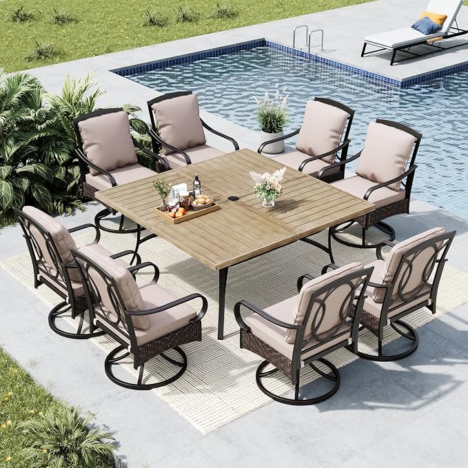 MFSTUDIO 9 Piece Outdoor Dining Sets, Patio Dining Set for 8, Patio Square Table with Swivel Chairs, Outdoor Table and Chairs for 8, Wood-Like Metal Dining Table Set, 1.57-1.9'' Umbrella Hole