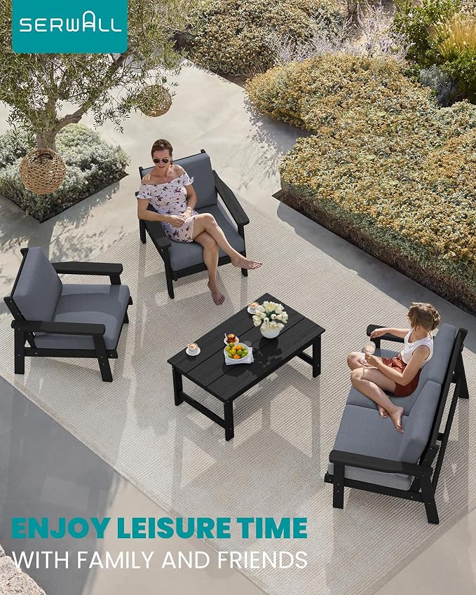 SERWALL HDPE Patio Furniture Set with 15FT Double Side Patio Umbrella, All Weather Wood-Like Outdoor Sofa Sectional Couch, Black Patio Furniture with Grey Cushions