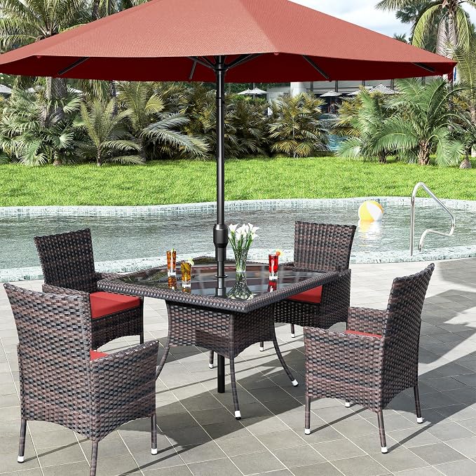 5 Pieces Outdoor Patio Dining Set,Patio Table and Chairs Rattan Outdoor Patio Furniture Set with Umbrella Hole,Dining Table Set for 4 with Chairs for Backyard,Garden and Kitchen,Red