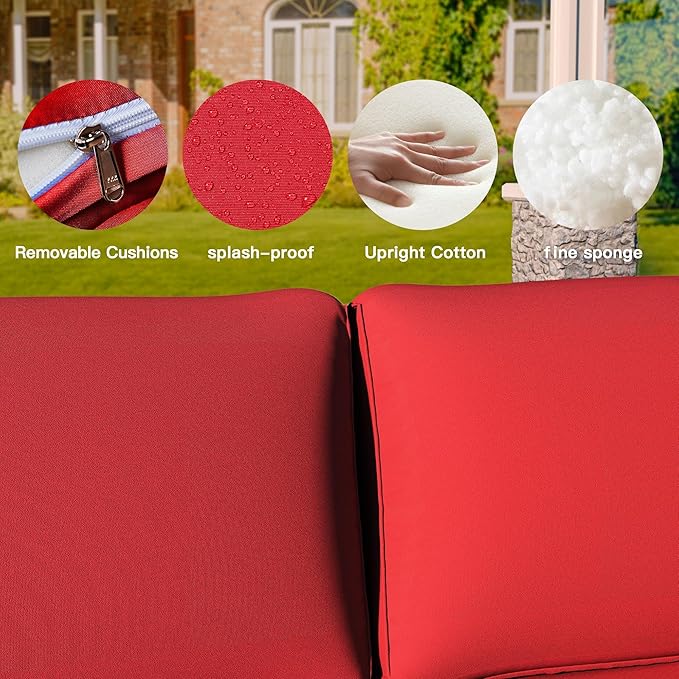 9 Pieces Outdoor Patio Furniture Sets,Wicker Conversation Set Sectional Sofa,Includes 8 All-Weather High Back PE Rattan Seating Components w/Thickened Cushions&Coffee Table,Red