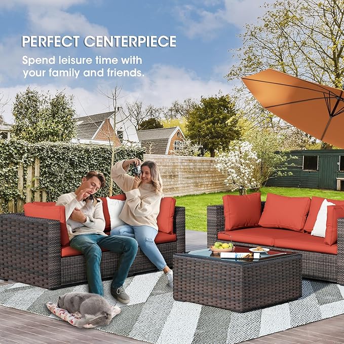 3 Piece Patio Furniture Set All Weather PE Rattan Outdoor Sectional Sofa Couch with No-Slip Cushions and Glass Top Table for Garden, Poolside, Backyard (Red)