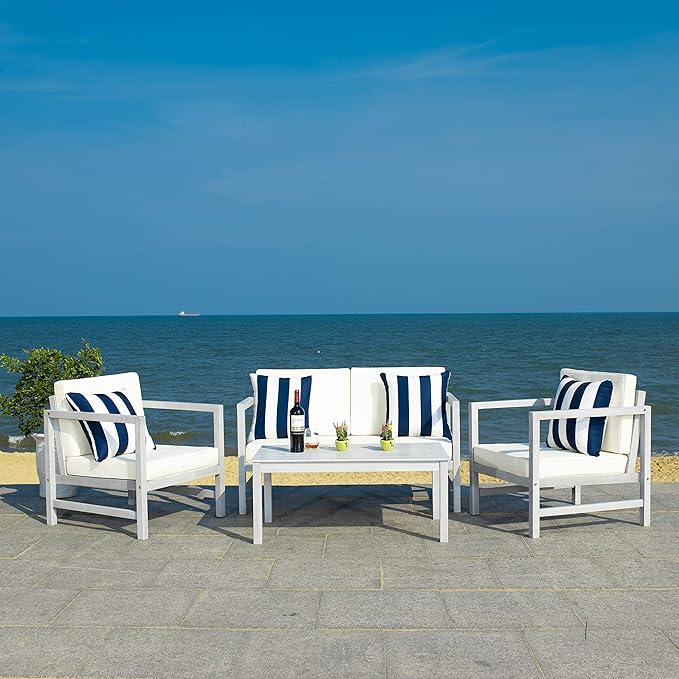 SAFAVIEH Outdoor Collection Montez Grey / Beige Cushions/ Striped Pillows 4-Piece Conversation Patio Set