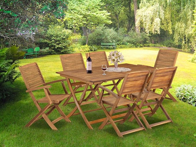 East West Furniture AEHD7CANA 7 Piece Outdoor Patio Dining Sets Consist of a Rectangle Acacia Wood Table and 6 Folding Arm Chairs, 36x60 Inch, Natural Oil