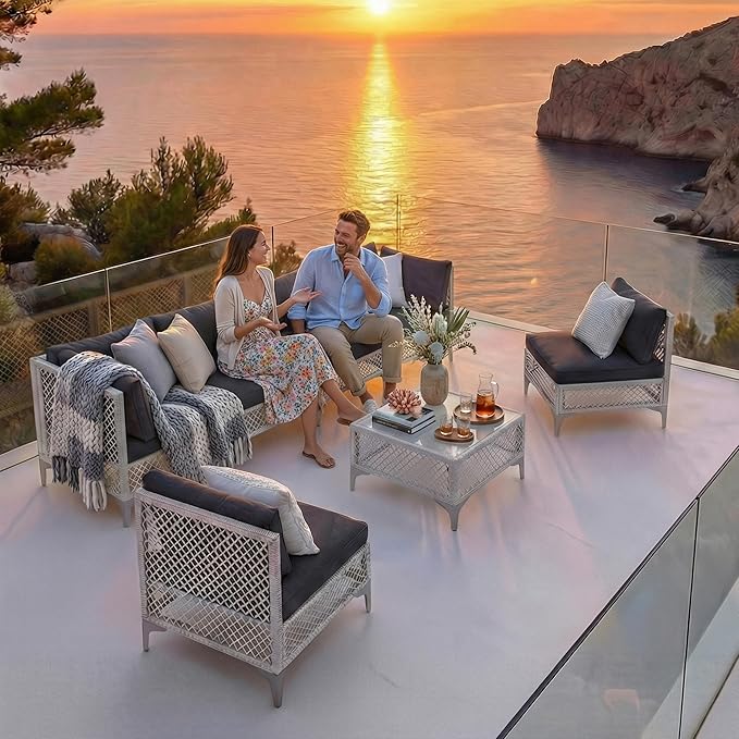 ENSTVER 7-Piece Outdoor Patio Furniture Set, Value Lightweight Boho Outdoor Sectional with Handwoven Wicker & Easy Assembly, Durable Outdoor Sofa for Small Patio, Balcony（Cushion Dark Grey）