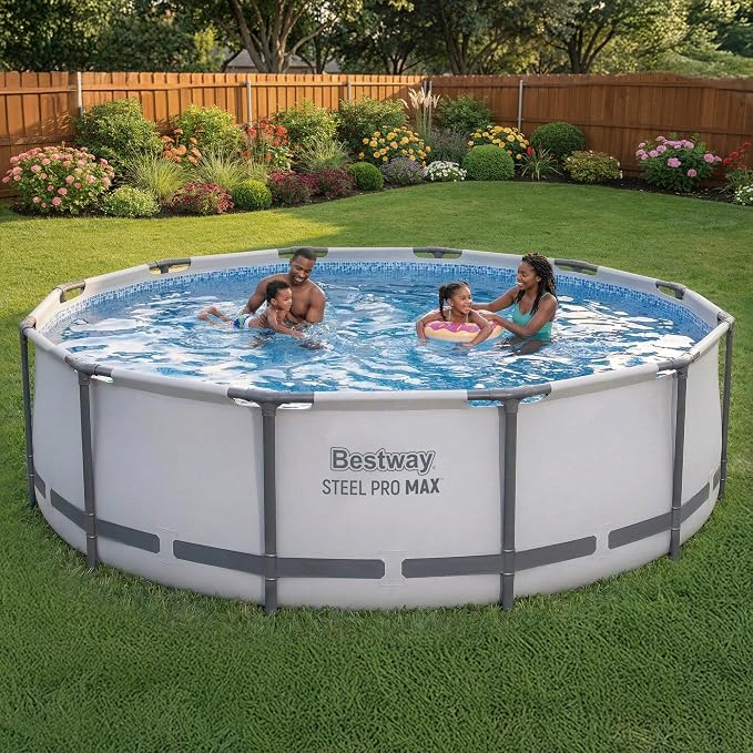 Bestway Steel Pro MAX 14' x 42" Above Ground Pool, Round Metal Frame Outdoor Swimming Pool Set with Filter Pump, Ladder, and Cover, Gray