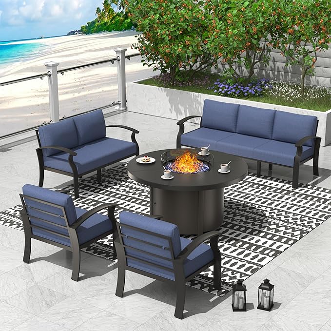 ALAULM Aluminum Patio Furniture Set with Round Propane Fire Pit Table 7-seat Metal Outdoor Furniture w/5.1" Cushions Patio Sectional Sofas for Porch, Lawn, Poolside（DarkBlue