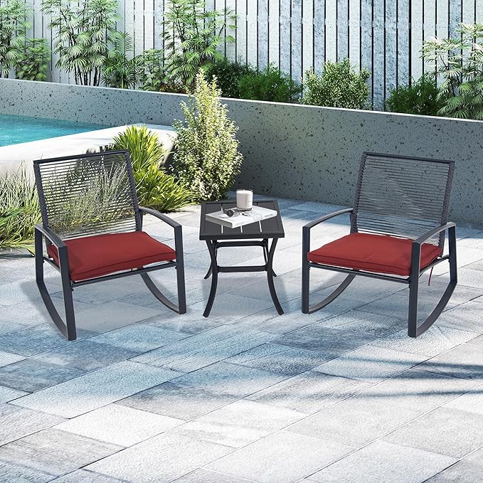 Domi Outdoor 3-Piece Wicker Rocking Chair Set, Patio Conversation Set with Removable Textilene Cushions & Metal Coffee Table, All-Weather Outside Chair Set of 3 for Balcony, Backyard, Pool, Red