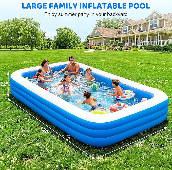 Large Inflatable Pool for Adults & Kids, 120" x 70" x 22" Blow Up Pool, Thickened Full-Sized Family Kiddie Pool for Outdoor Water Play & Summer Fun