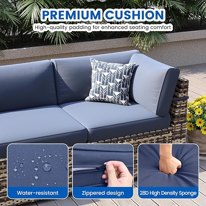 Patio Furniture Sets, 7-Piece Outdoor Patio Furniture with Thick Cushions,Coffee Table Outdoor All-Weather Conversation Set Sectional Sofa for Backyard, Poolside, Garden(Navy Blue)