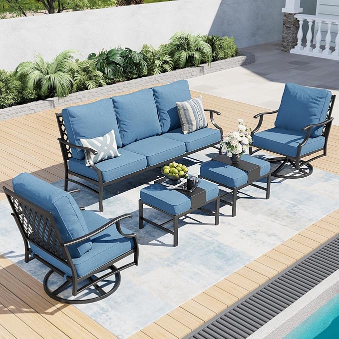 5 Piece Metal Outdoor Patio Furniture Set, Patio Conversation Sets 1 3-seater Sofa, 2 Swivel Chairs, 2 Ottomans with 5.75" Thick Cushion, Black All-weather Backyard Furniture Set, Navy