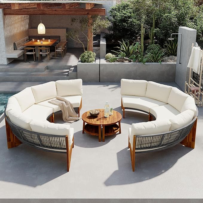 3-Piece Outdoor Patio Furniture Sectional Sofa Set, 2 Semi-Circle Sofas with Coffee Table, All-Weather Acacia Wood Conversation Set with Cushions for Garden Backyard Balcony, Freely Combined