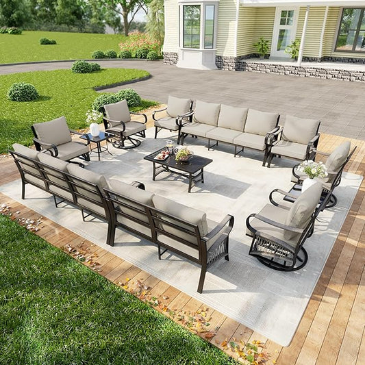 12-Piece Outdoor Patio Conversation Sets, Rope Outdoor Furniture Set Metal 2 Three-Seater Couch, 4 Swivel Rockers with 2 Side Tables, Loveseat Sofa Single Chairs with Coffee Table, Beige