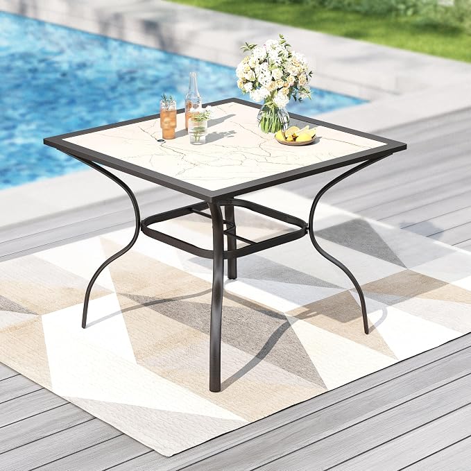 PHI VILLA 37" Patio Table for 4, Metal Dining Table with Carbon Crystal Tabletop, All Weather Wrought Iron Outdoor Furniture for Deck, Backyard, Porch
