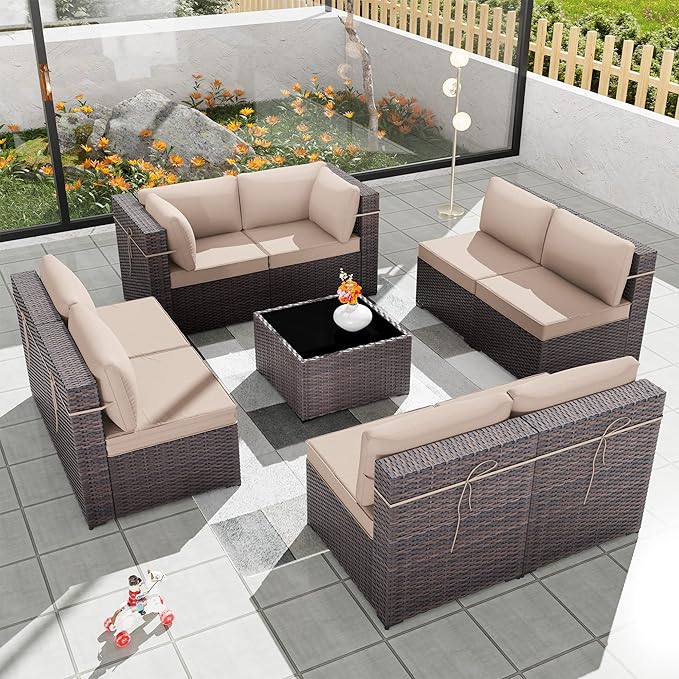 Patio Furniture Set 9pcs Outdoor Furniture for Backyard Sectional Sofa Set, Wicker Rattan Outdoor Conversation Set with 4 Inch Thickened Cushions and Coffee Table, Sand